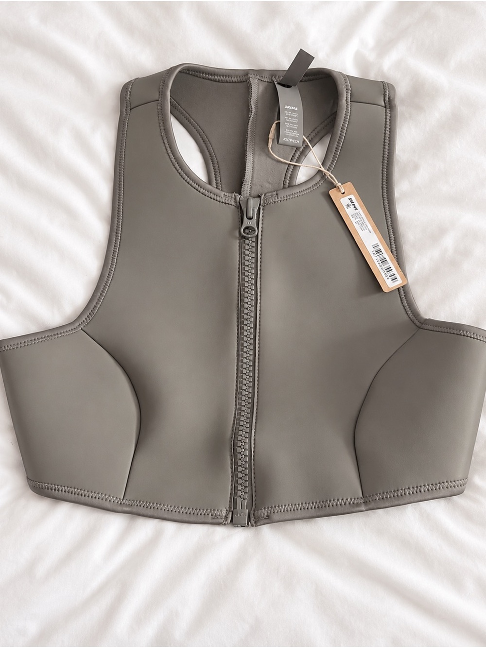 SKIMS Rubberized Scuba Swim High Neck Zip Top Gray Chalk XS NWT